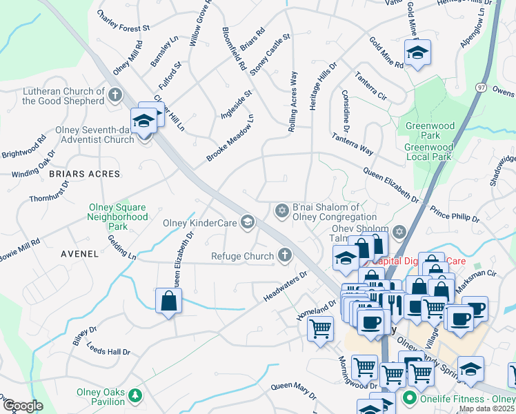 map of restaurants, bars, coffee shops, grocery stores, and more near 3628 Toddsbury Lane in Olney