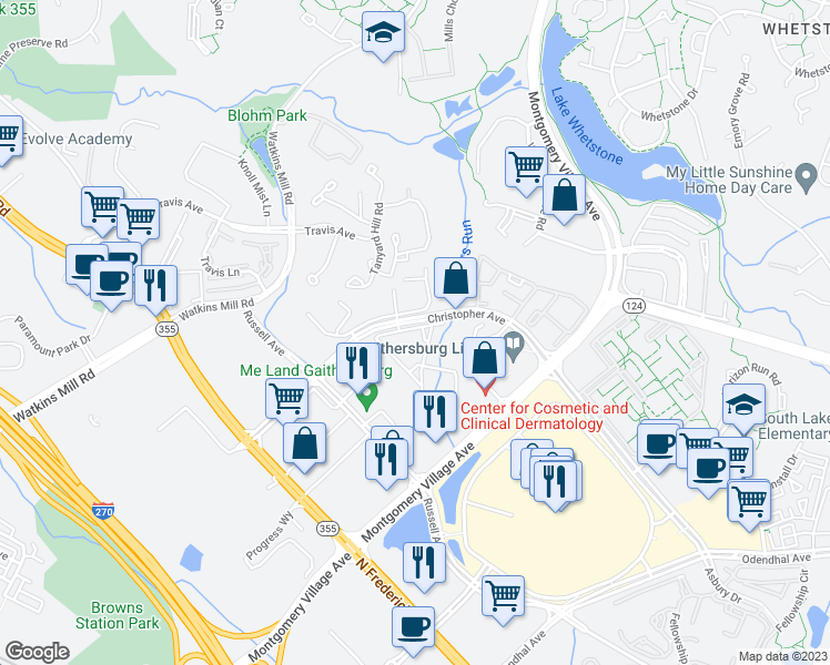 map of restaurants, bars, coffee shops, grocery stores, and more near 412 Christopher Avenue in Gaithersburg