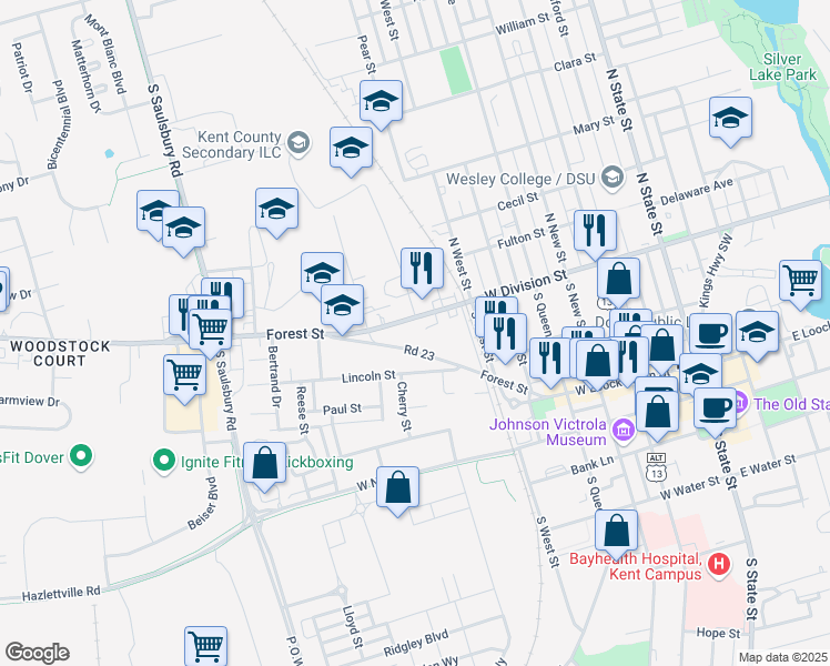 map of restaurants, bars, coffee shops, grocery stores, and more near 630 Delaware 8 in Dover