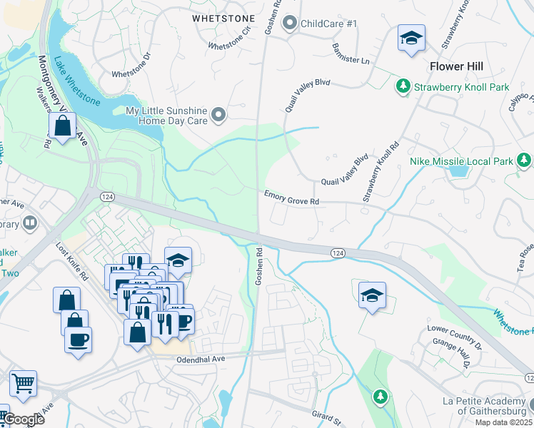 map of restaurants, bars, coffee shops, grocery stores, and more near 23 Inkberry Circle in Gaithersburg