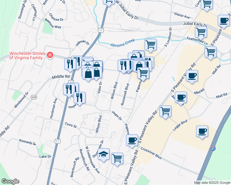 map of restaurants, bars, coffee shops, grocery stores, and more near 2260 Wilson Boulevard in Winchester