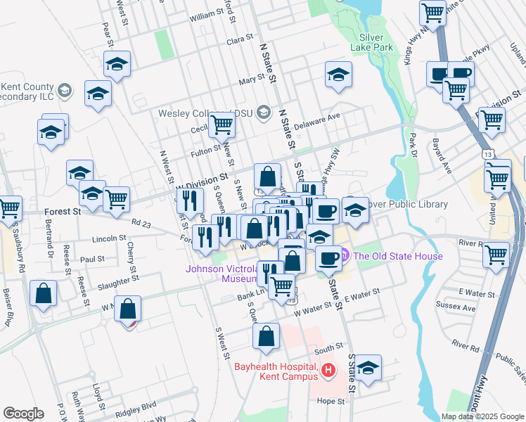 map of restaurants, bars, coffee shops, grocery stores, and more near 108 U.S. 13 Alternate in Dover