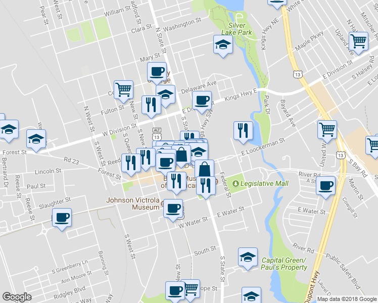 map of restaurants, bars, coffee shops, grocery stores, and more near 124 South State Street in Dover