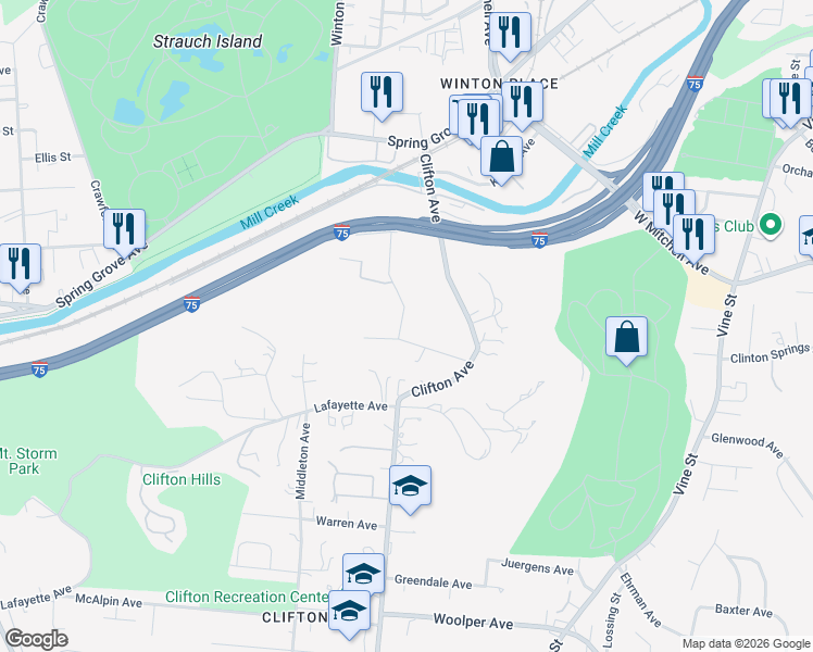 map of restaurants, bars, coffee shops, grocery stores, and more near 4010 Egbert Avenue in Cincinnati