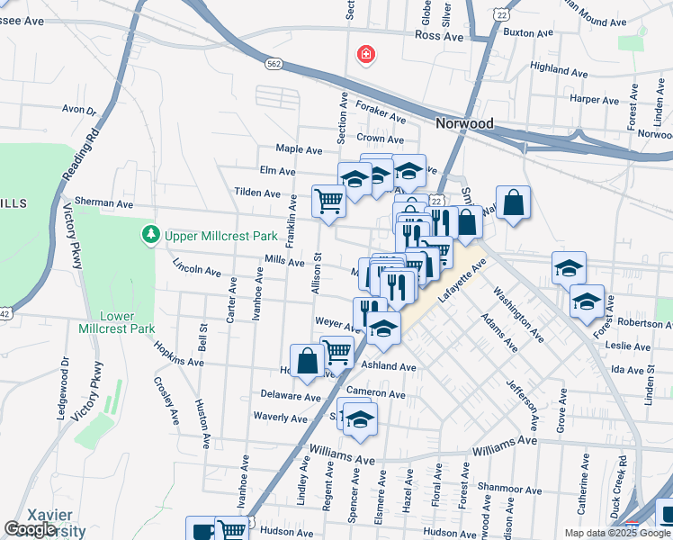 map of restaurants, bars, coffee shops, grocery stores, and more near 2023 Mills Avenue in Norwood