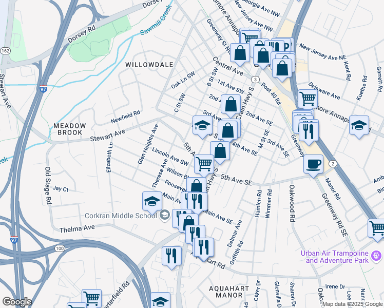 map of restaurants, bars, coffee shops, grocery stores, and more near 103 5th Avenue Southwest in Glen Burnie