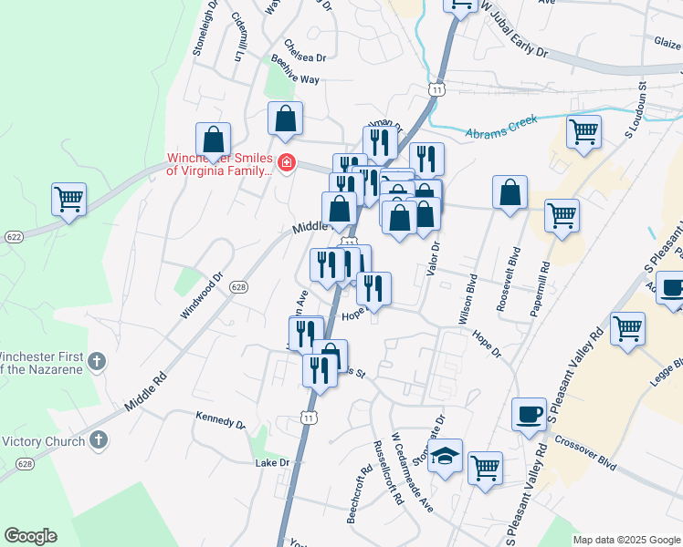 map of restaurants, bars, coffee shops, grocery stores, and more near 2417 U.S. 11 in Winchester