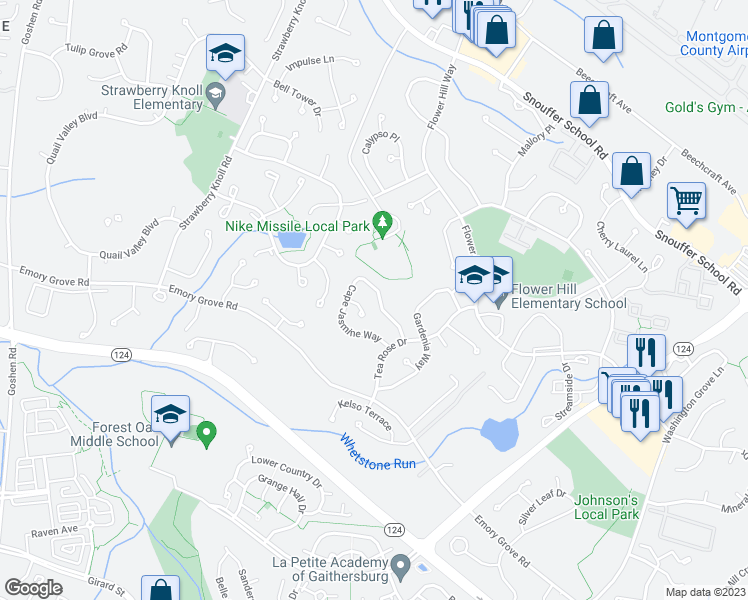map of restaurants, bars, coffee shops, grocery stores, and more near 18547 Cape Jasmine Way in Gaithersburg