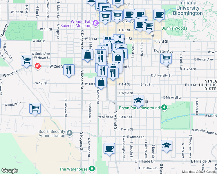 map of restaurants, bars, coffee shops, grocery stores, and more near 606 South College Avenue in Bloomington