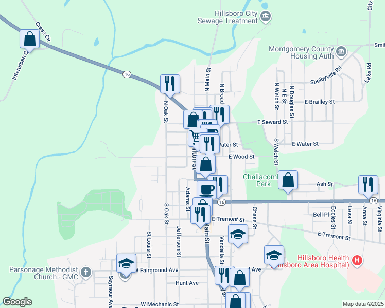 map of restaurants, bars, coffee shops, grocery stores, and more near 350 South Hamilton Street in Hillsboro