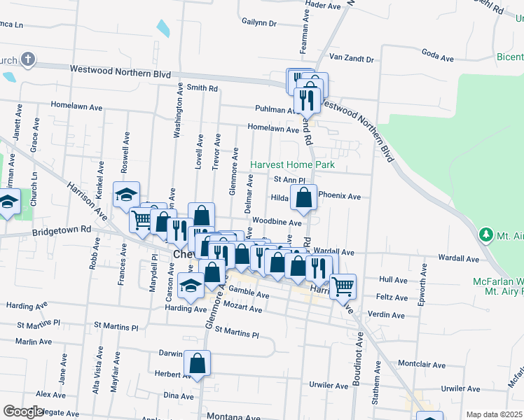 map of restaurants, bars, coffee shops, grocery stores, and more near 3917 Davis Avenue in Cheviot