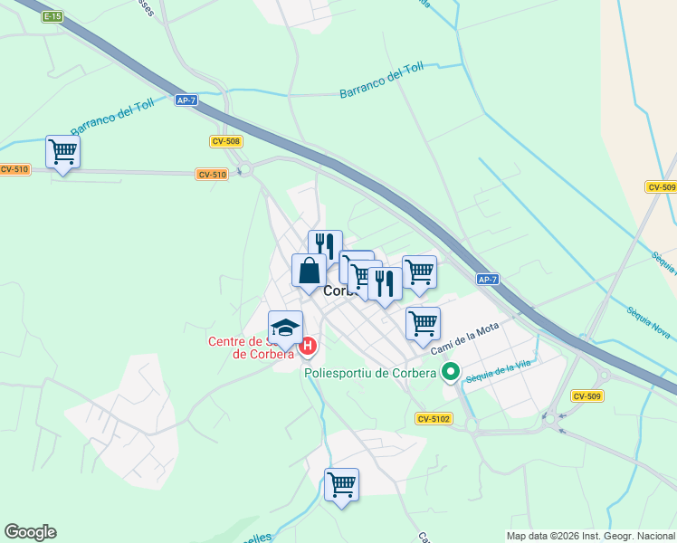 map of restaurants, bars, coffee shops, grocery stores, and more near 12 Carrer de Ramón y Cajal in Corbera
