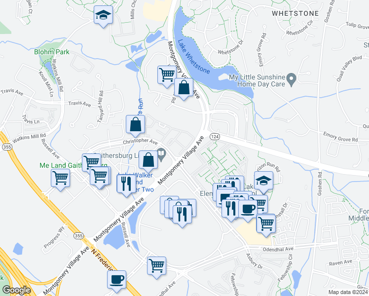 map of restaurants, bars, coffee shops, grocery stores, and more near 9855 Hellingly Place in Montgomery Village