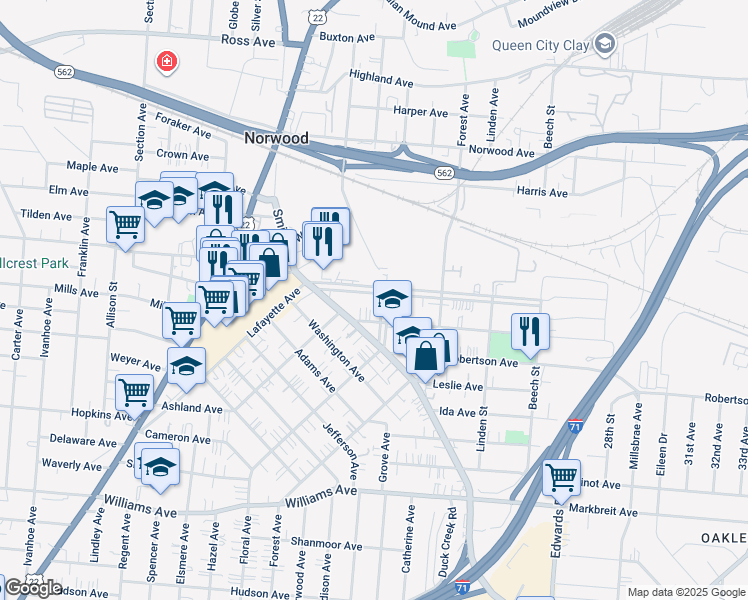 map of restaurants, bars, coffee shops, grocery stores, and more near 2265 Park Avenue in Cincinnati