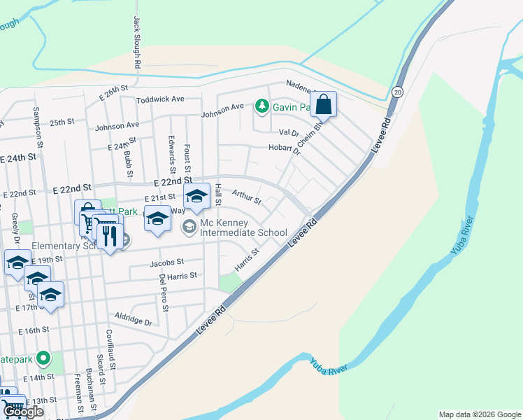 map of restaurants, bars, coffee shops, grocery stores, and more near 1174 Arthur Street in Marysville