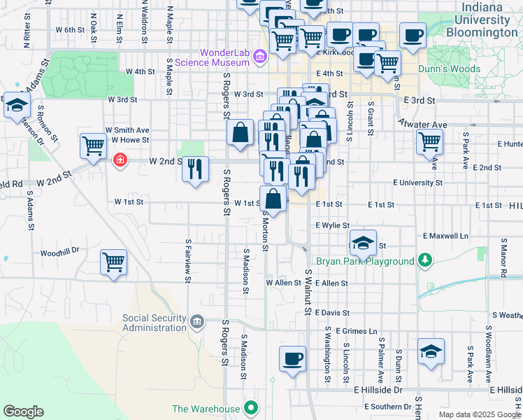 map of restaurants, bars, coffee shops, grocery stores, and more near 720 S Morton St in Bloomington