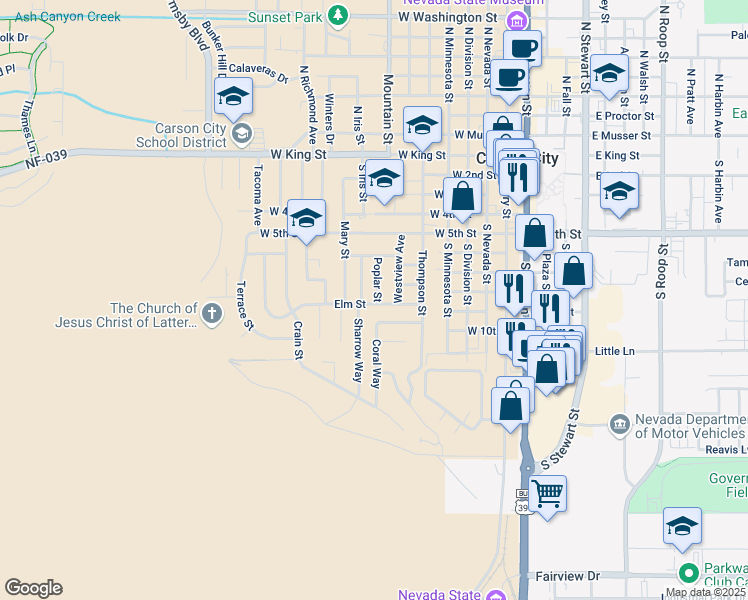 map of restaurants, bars, coffee shops, grocery stores, and more near 626 Poplar Street in Carson City