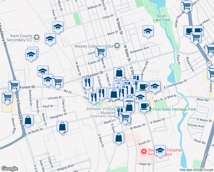 map of restaurants, bars, coffee shops, grocery stores, and more near 345 West Reed Street in Dover