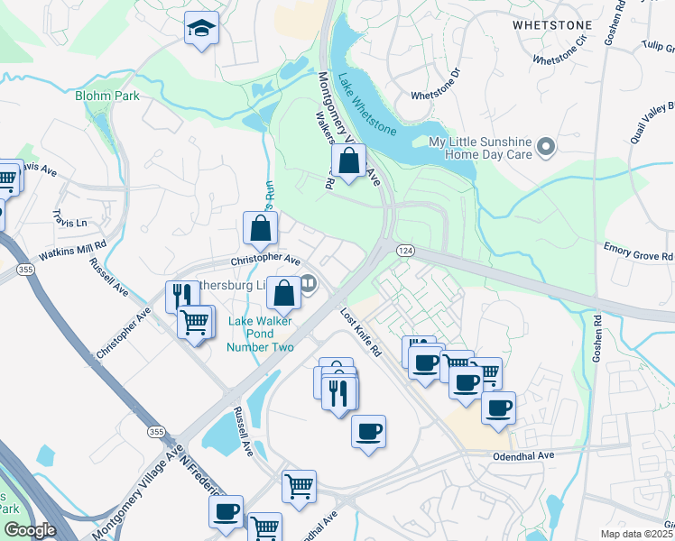 map of restaurants, bars, coffee shops, grocery stores, and more near 9813 Hellingly Place in Gaithersburg