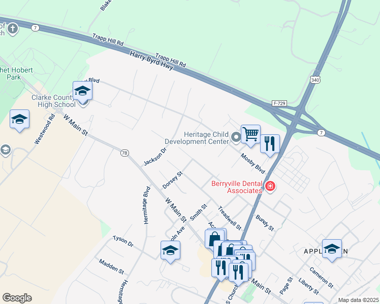 map of restaurants, bars, coffee shops, grocery stores, and more near 404 Walnut Street in Berryville