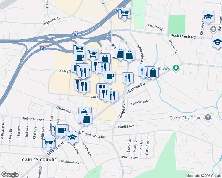 map of restaurants, bars, coffee shops, grocery stores, and more near 3500 Madison Rd in Cincinnati