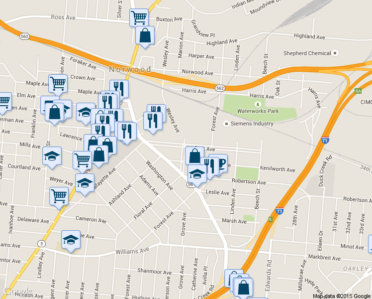 map of restaurants, bars, coffee shops, grocery stores, and more near 2265 Park Avenue in Cincinnati