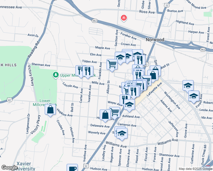 map of restaurants, bars, coffee shops, grocery stores, and more near 1917 Mills Avenue in Cincinnati