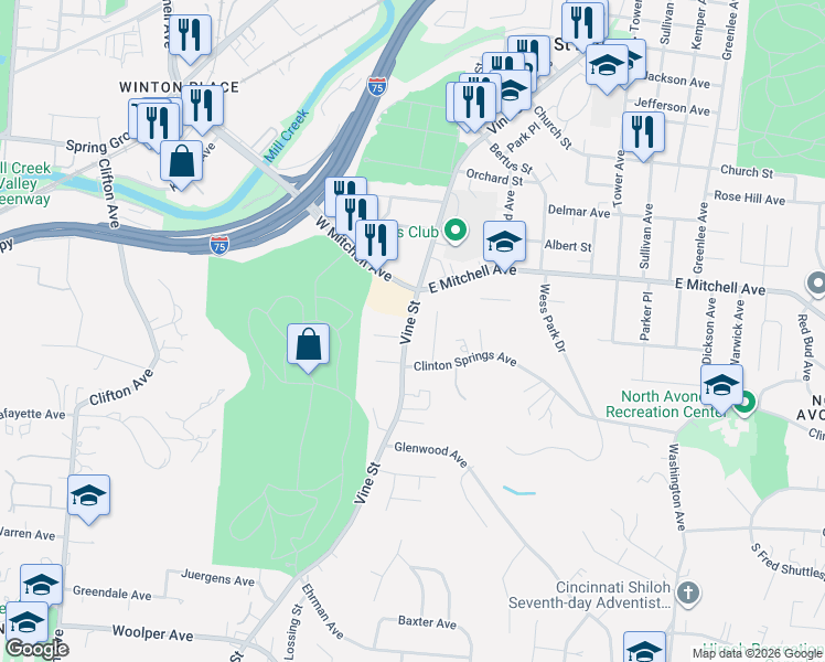 map of restaurants, bars, coffee shops, grocery stores, and more near 3925 Vine Vista Place in Cincinnati