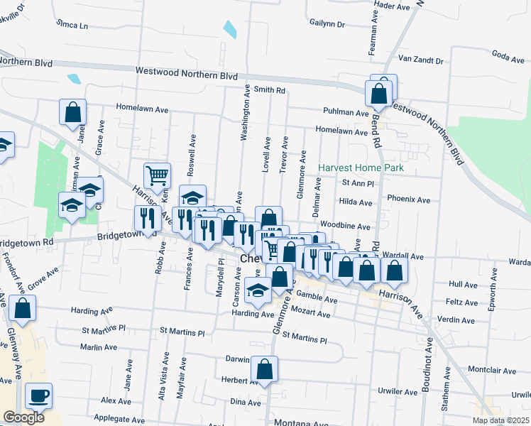 map of restaurants, bars, coffee shops, grocery stores, and more near 3902 Woodbine Avenue in Cincinnati
