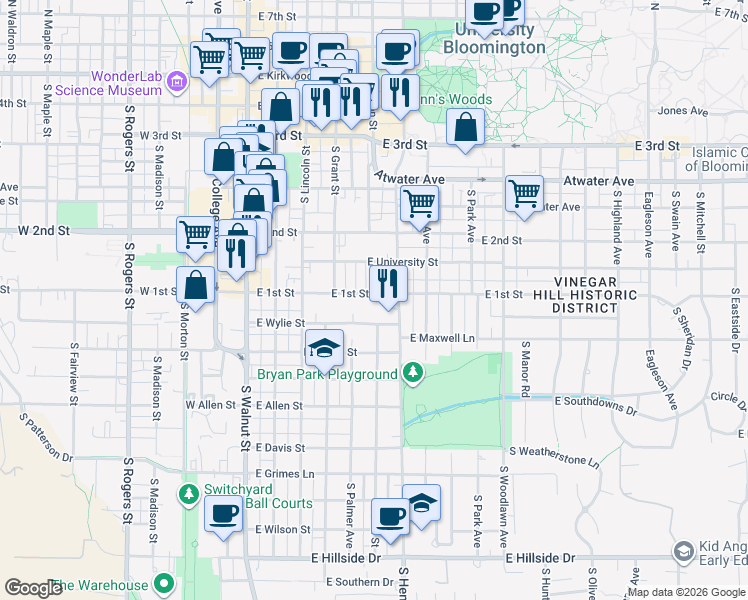 map of restaurants, bars, coffee shops, grocery stores, and more near 524 East 1st Street in Bloomington