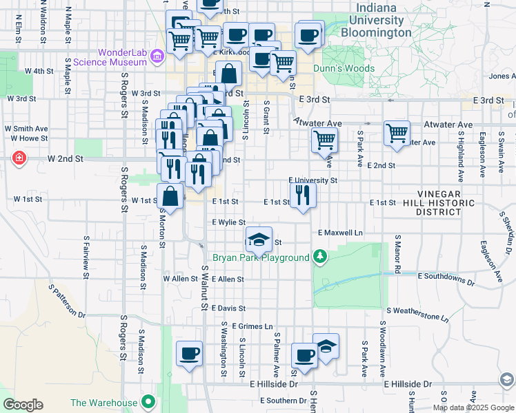map of restaurants, bars, coffee shops, grocery stores, and more near 316 East 1st Street in Bloomington