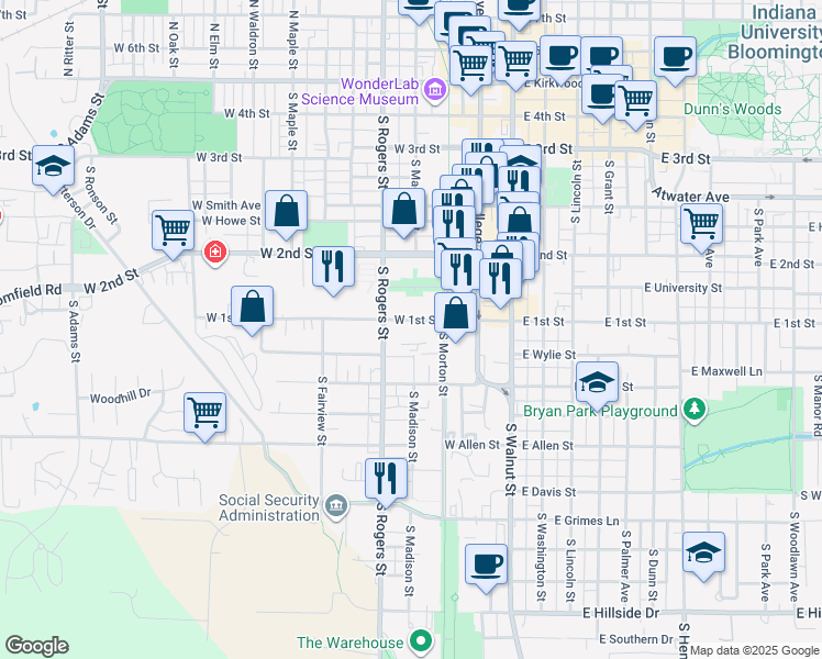 map of restaurants, bars, coffee shops, grocery stores, and more near 409 West 1st Street in Bloomington