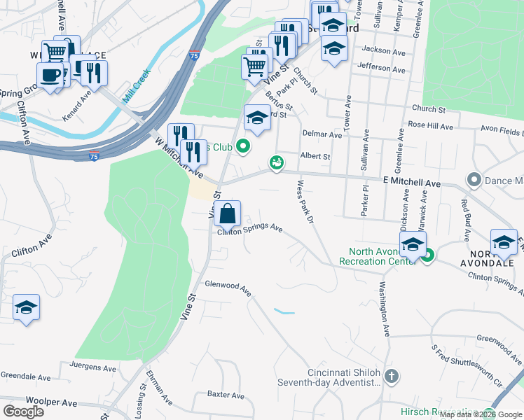 map of restaurants, bars, coffee shops, grocery stores, and more near 135 Rion Lane in Cincinnati