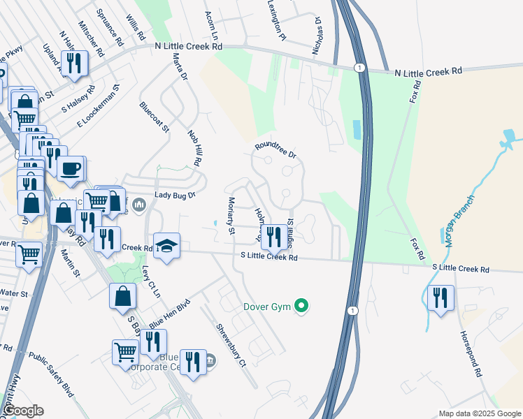 map of restaurants, bars, coffee shops, grocery stores, and more near 155 Holmes Street in Dover
