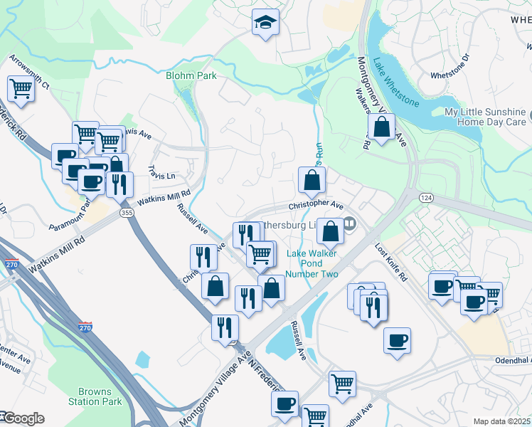 map of restaurants, bars, coffee shops, grocery stores, and more near 415 Christopher Avenue in Gaithersburg