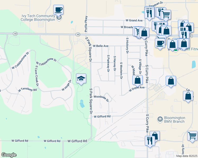 map of restaurants, bars, coffee shops, grocery stores, and more near 4600 West Middle Court in Bloomington
