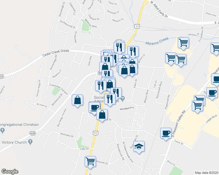 map of restaurants, bars, coffee shops, grocery stores, and more near 2412 Valley Avenue in Winchester