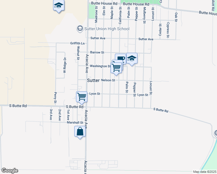 map of restaurants, bars, coffee shops, grocery stores, and more near 2150 Maple Street in Sutter