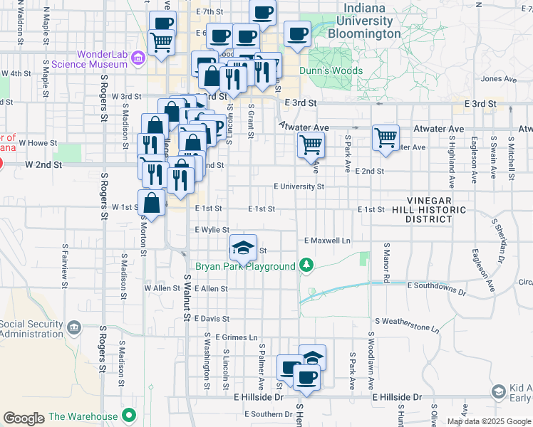 map of restaurants, bars, coffee shops, grocery stores, and more near 412 East 1st Street in Bloomington
