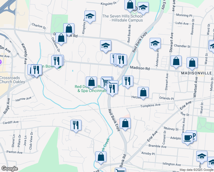 map of restaurants, bars, coffee shops, grocery stores, and more near 5215 Herringbone Drive in Cincinnati