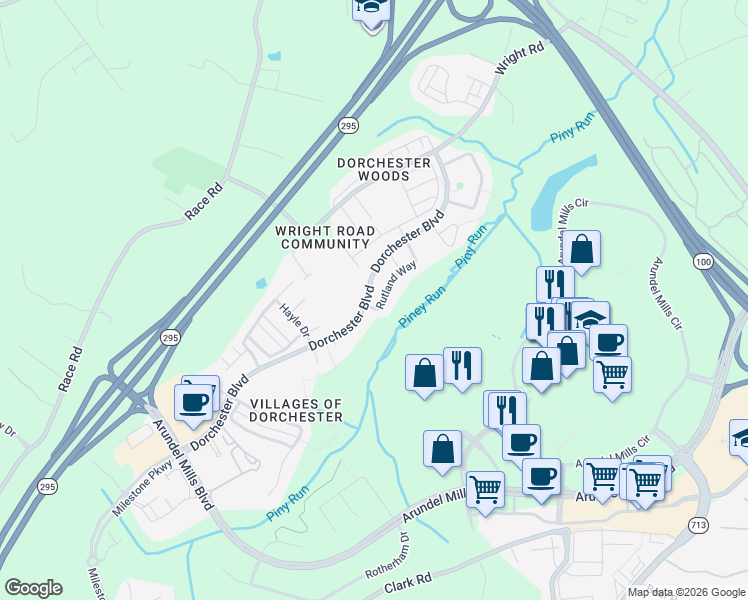 map of restaurants, bars, coffee shops, grocery stores, and more near 1572 Rutland Way in Hanover