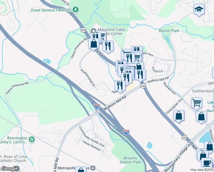 map of restaurants, bars, coffee shops, grocery stores, and more near Paramount Park Drive in Gaithersburg