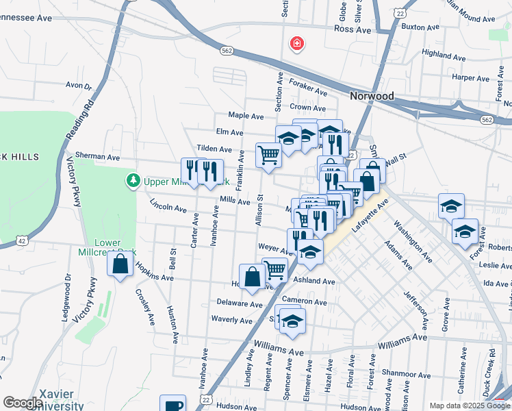 map of restaurants, bars, coffee shops, grocery stores, and more near 1917 Mills Avenue in Cincinnati