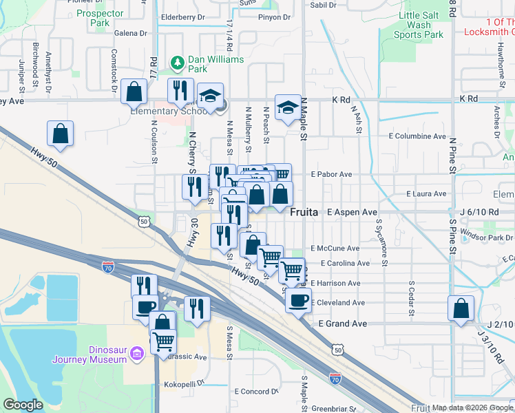 map of restaurants, bars, coffee shops, grocery stores, and more near 219 East Aspen Avenue in Fruita