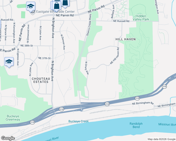 map of restaurants, bars, coffee shops, grocery stores, and more near 3501 North Drury Avenue in Kansas City