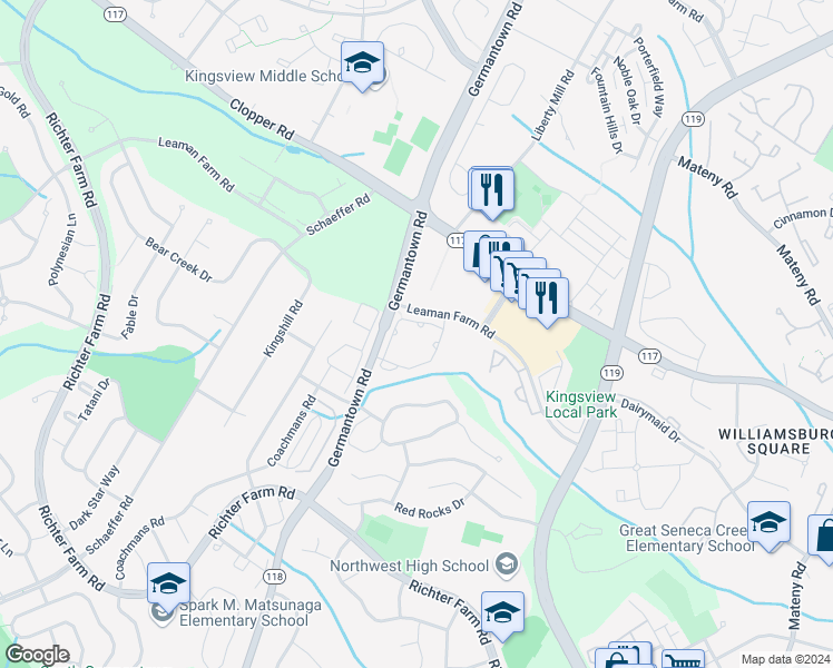 map of restaurants, bars, coffee shops, grocery stores, and more near 13611 Ale House Circle in Germantown