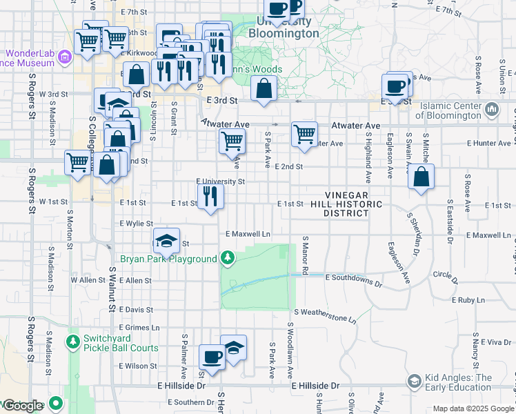 map of restaurants, bars, coffee shops, grocery stores, and more near 800 East 1st Street in Bloomington
