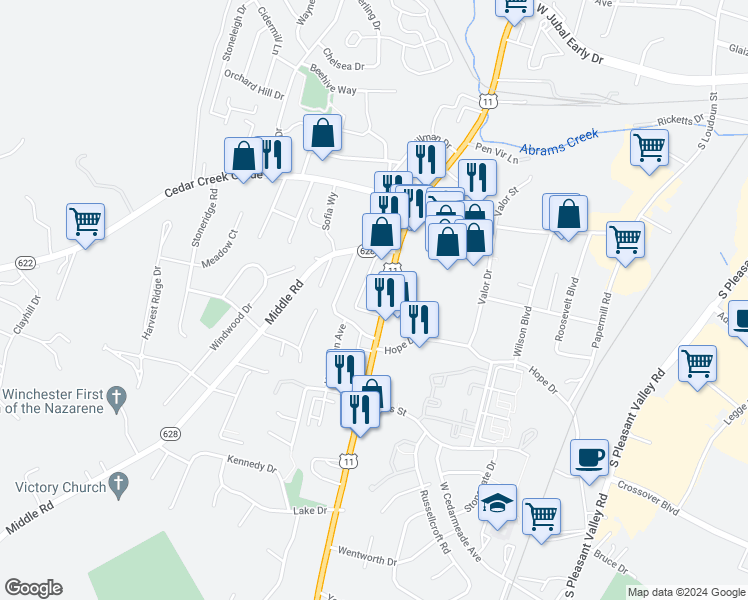 map of restaurants, bars, coffee shops, grocery stores, and more near 2417 U.S. 11 in Winchester