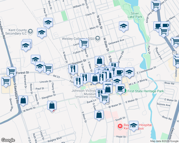 map of restaurants, bars, coffee shops, grocery stores, and more near 345 West Reed Street in Dover