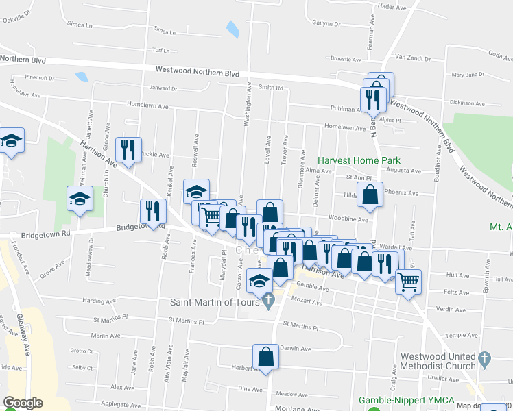 map of restaurants, bars, coffee shops, grocery stores, and more near 3902 Woodbine Avenue in Cincinnati